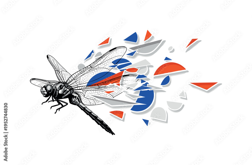 Obraz premium Black and white dragonfly partially dissolving into geometric fragments mid-air, sharp angular shards and semicircles expanding outward, bright cobalt blue and