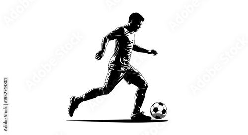 dynamic silhouette of a male soccer player dribbling a football on a white background ideal for sports graphic design