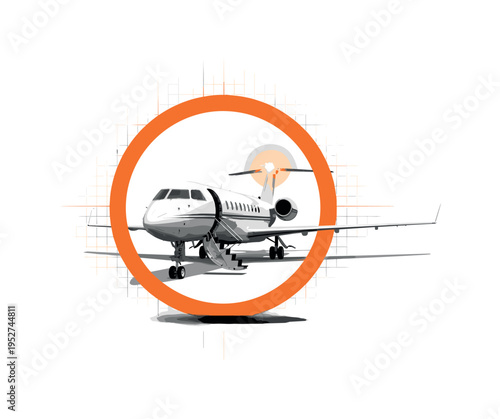 Monochrome private jet parked with stairway extended, integrated into an orange circular frame and fine linear grid structure symbolizing exclusivity and
