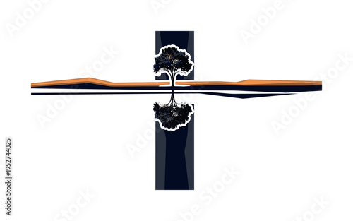 Black and white lone tree emerging from still water, reflection forming a perfect vertical symmetry with subtle geometric distortion, abstract linear elements