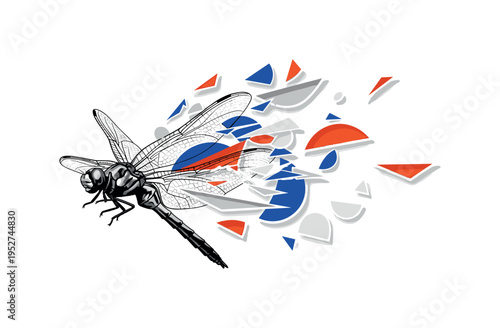 Black and white dragonfly partially dissolving into geometric fragments mid-air, sharp angular shards and semicircles expanding outward, bright cobalt blue and