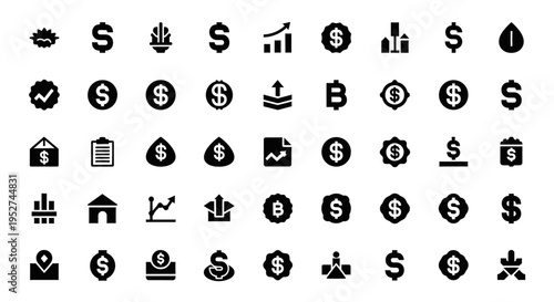 finance and economy icon set showcasing money market growth investment and digital currency symbols on white.