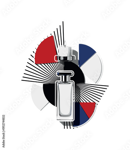 Black and white perfume bottle and candle arranged vertically, abstract geometric rays and semicircles symbolizing relaxation ritual, bold red and deep blue
