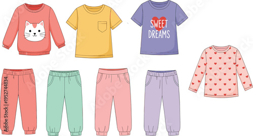 Childrens clothes vector set, cute kids pajamas with cat face, sweet dreams tshirt, heart pattern shirt, and colorful joggers for toddlers, mix and match loungewear collection.