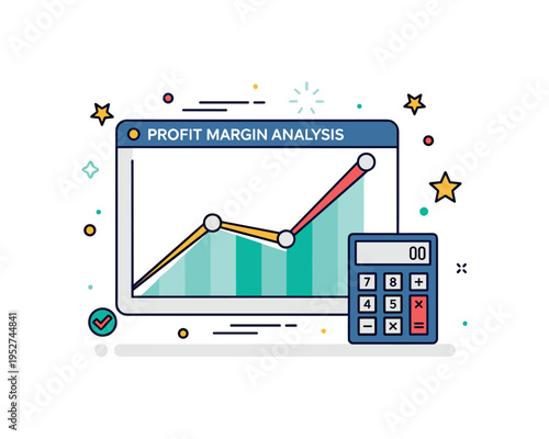 Profit margin analysis dashboard screen with a rising line graph and a small calculator icon, conveying data driven decision making and careful financial