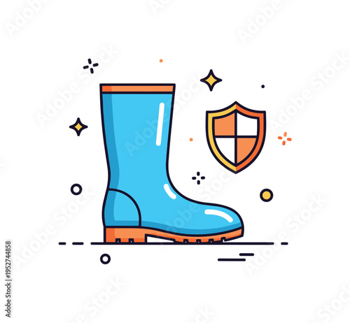 Practical footwear choice simple side view of rubber boots with a small shield icon indicating waterproof protection. A clear visual metaphor for safety,