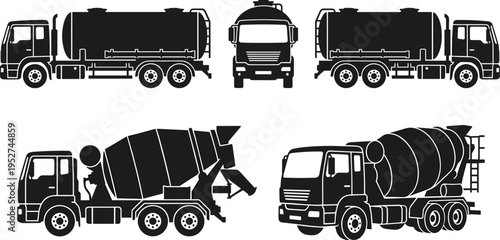 Industrial truck silhouette set featuring tanker and concrete mixer vehicles, heavy transport collection, black vector illustration isolated on white background