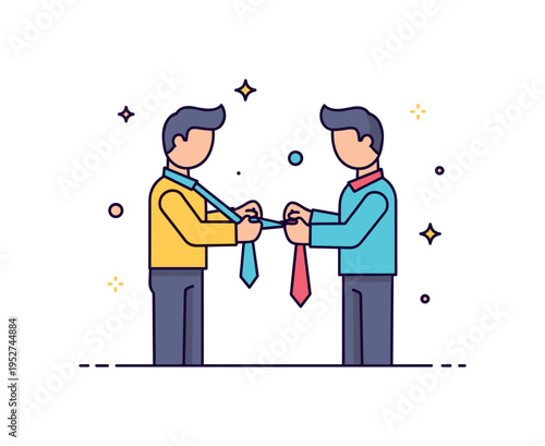 Father teaching son to tie a tie featuring two simplified figures with a shared tie between them, conveying guidance, bonding, and generational tradition. A