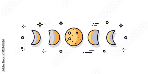 Moon with phases illustrated as a small series of crescents and full moons in a horizontal line, emphasizing lunar cycles and astronomical observation.