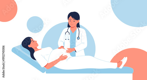 Doctor examining pregnant woman belly on examination table, healthcare concept