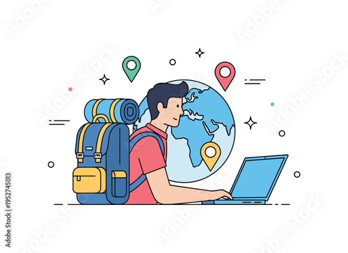 Freelancer traveling the world with a backpack and an open laptop combined into a single visual metaphor. Small location pin icons suggest mobility and global