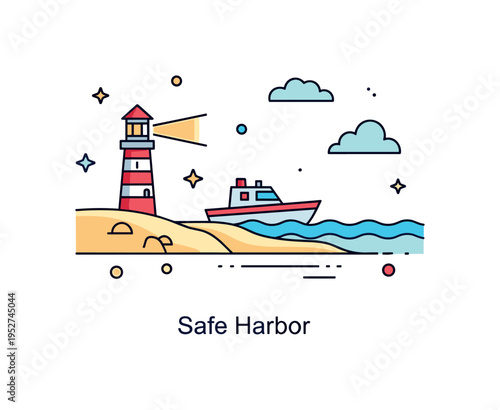 Sailor coastal arrival scene illustrated by a small boat approaching a shoreline with a lighthouse beacon guiding the way, symbolizing safe return