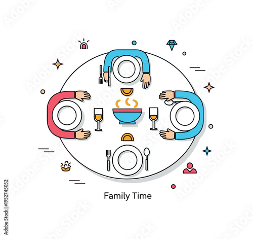 Having dinner with family warm evening gathering around a round table with simple plate silhouettes and a central bowl, expressing connection and shared