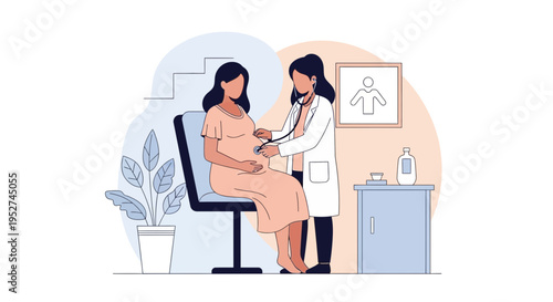 Doctor examining pregnant woman with stethoscope in clinic, healthcare concept