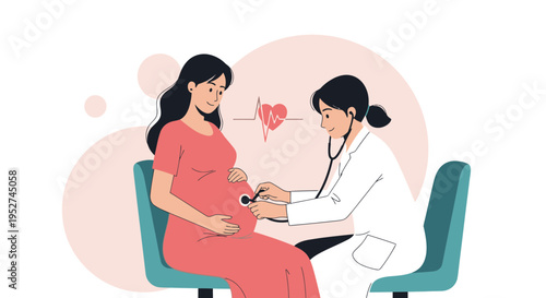 Doctor examining pregnant woman with stethoscope, heartbeat graphic, healthcare concept