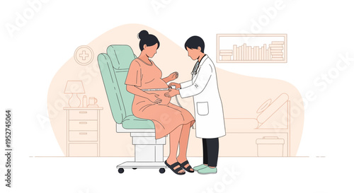 Doctor examining pregnant woman with stethoscope in clinic, healthcare concept