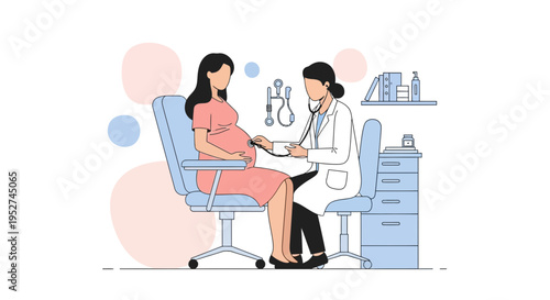 Doctor examining pregnant woman with stethoscope in clinic, healthcare concept