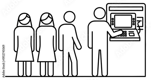 People queueing at ATM machine financial services transaction concept vector illustration