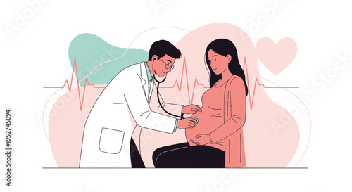 Doctor examining pregnant woman with stethoscope, heartbeat line graphic
