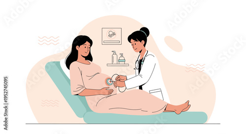 Doctor examining pregnant woman with stethoscope, ultrasound image on wall
