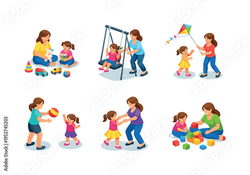 Playtime. Isometric flat vector icons set of Playtime: mother and daughter playing toys, mother pushing daughter swing, mother and daughter flying kite, mother