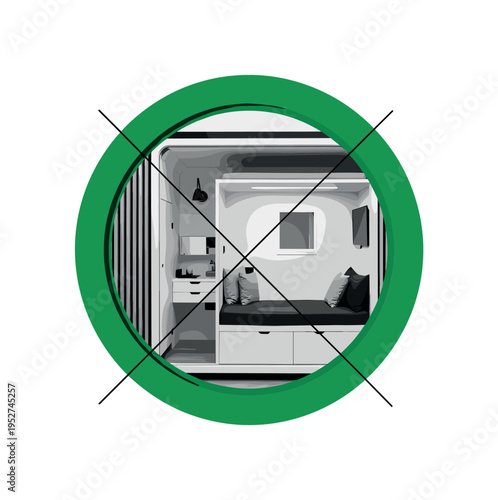 Black and white interior of compact modular living space, framed by bold green circular ring and intersecting thin black lines symbolizing efficiency and