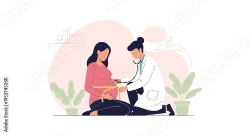 Doctor measuring pregnant woman's belly with tape measure during checkup, healthcare concept