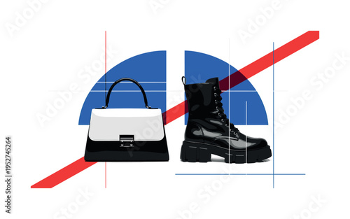 Black and white retro handbag placed beside modern chunky boots, large blue semicircle overlapping both objects, red diagonal line adding dynamic fashion