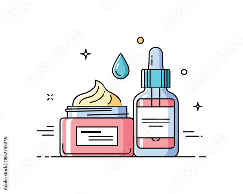 Skincare routine essentials illustrated through a compact arrangement of cream jar and serum bottle with a small droplet icon, symbolizing hydration,