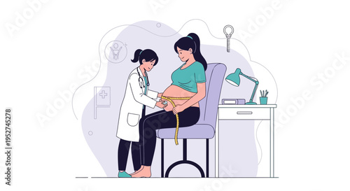 Doctor measuring pregnant woman's belly with tape measure during checkup in clinic