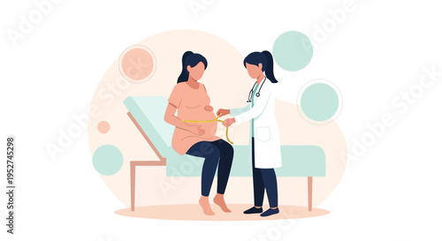 Doctor measuring pregnant woman's belly with tape measure during prenatal checkup in clinic