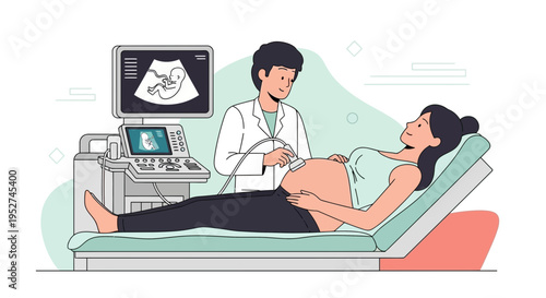Doctor performs ultrasound on pregnant woman showing fetus on screen, pregnancy checkup