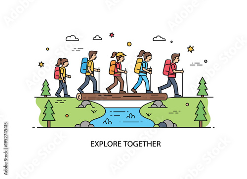 Backcountry youth expedition illustrated through a group of young hikers crossing a minimal log bridge over a simple stream. A short ?Explore Together? caption
