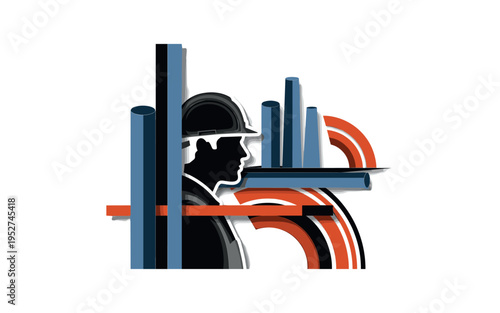 Monochrome factory worker in profile wearing protective helmet, intersected by strong geometric rectangles and cylindrical shapes symbolizing machinery,