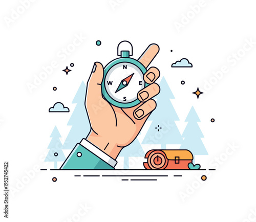 Forest navigation skills featuring a hand holding a compass with subtle tree silhouettes behind, expressing orientation and direction finding in remote areas.