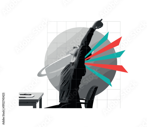 Black and white worker stretching beside desk, oversized abstract halo circle behind upper body, red and teal flat geometric rays radiating from shoulders
