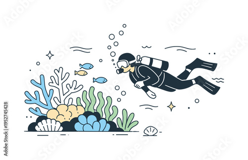 Coral reef exploration. A calm underwater scene with a diver slowly observing a vibrant coral reef, small fish swimming between branching corals and sea
