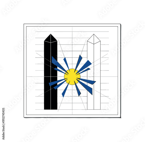 Black and white comparison chart on KPI board with two contrasting geometric columns, vivid yellow circle centered between them, deep blue angular fragments
