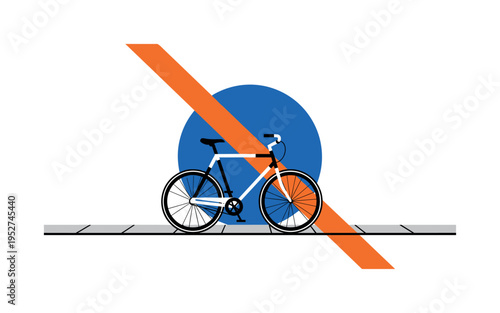 Black and white bicycle parked on sidewalk during city walk, bold cobalt blue circular backdrop partially hidden behind wheels, orange diagonal bar slicing