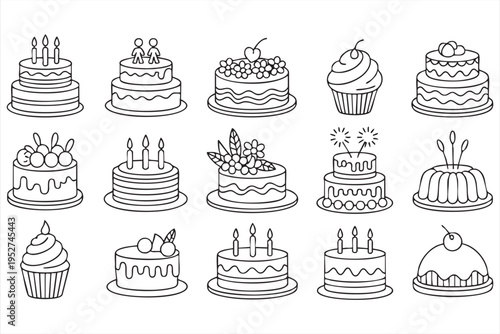 Bakery Sweets and Cupcake Outline Icons Collection for Menu Graphics