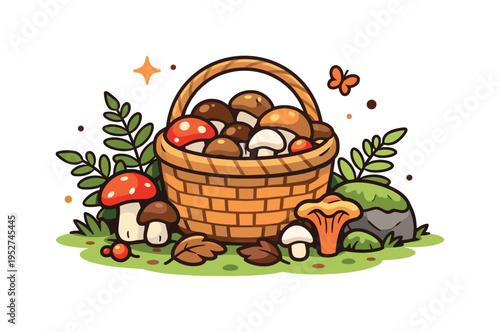 Wild mushroom foraging in a quiet forest clearing where a woven basket fills with freshly picked mushrooms among ferns, moss, and fallen leaves. The scene
