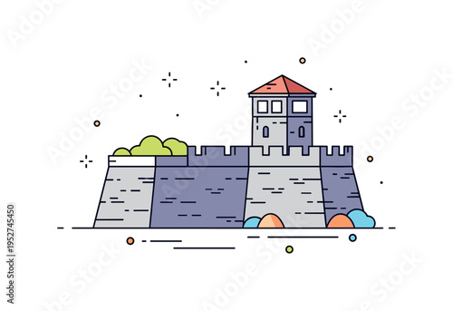 Historic garrison fortress with thick stone walls and a single watchtower overlooking the surroundings. Tiny star accents and gentle shadow shapes convey