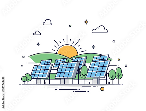 Solar farm landscape centered on a row of panels aligned under a rising sun, symbolizing large scale renewable infrastructure and environmental responsibility.