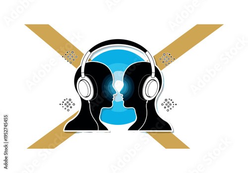 Black and white pair of headphones split between two people, oversized bright blue circular halo behind central connection, muted mustard diagonal stripe
