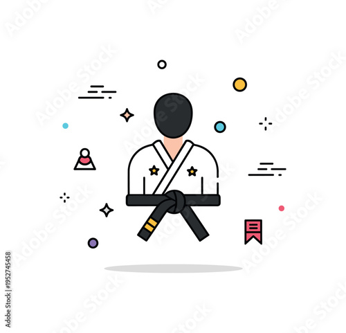 Black belt achievement illustration centered on a martial artist silhouette with a tied black belt accent and subtle star details, symbolizing mastery and