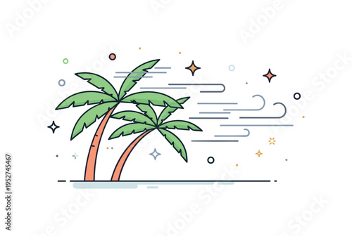 Tropical breeze motion palm fronds slightly curved with subtle wind lines flowing across them. A compact editorial scene expressing light wind and relaxed