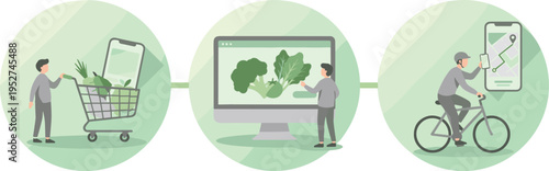 Courier delivery process illustration showing online grocery shopping, order tracking on mobile app and bicycle courier delivering fresh food service concept