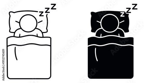 Line art and glyph icon set featuring a person sleeping in bed for sleep and rest concepts