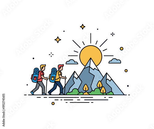 High altitude summer hike illustrating a pair of backpackers moving toward a stylized mountain top beneath a radiant sun symbol, representing determination and