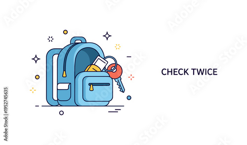 Looking for keys daily routine icon scene with a small backpack slightly open and a keyring peeking out, expressing preparation and readiness before leaving.